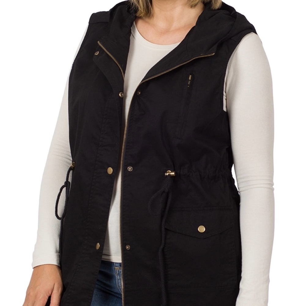 Zenana Plus Drawstring Waist Military Hoodie Vest, Black - Picture 1 of 1